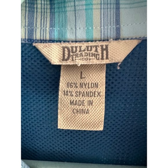 Duluth Trading Co women's size L blue aqua plaid zip pockets nylon button top - Picture 4 of 6